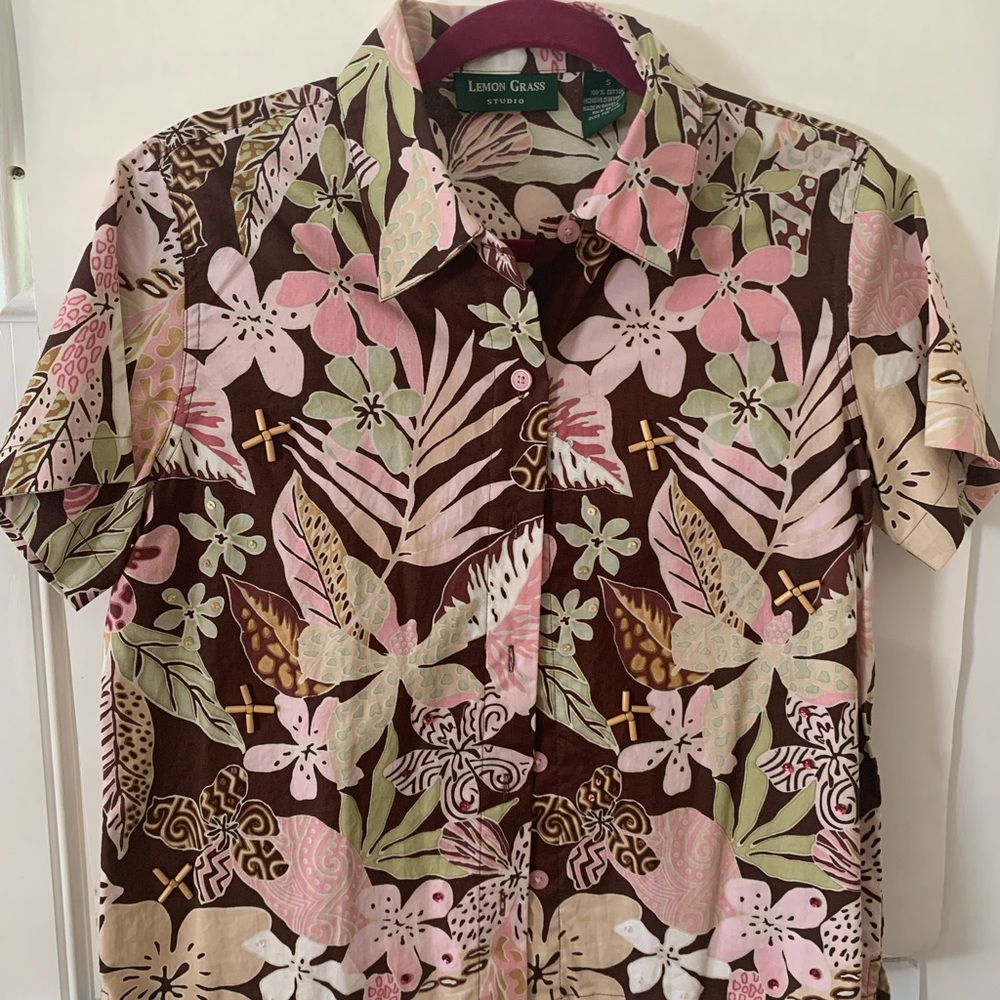 Lemon Grass Studio Blouse Floral Button Down Women’s Size S Collared Cotton